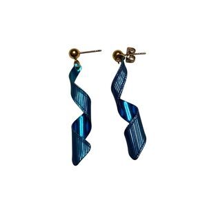 Blue Ribbon Twist Spiral Drop Earrings Vintage Metal Dangle Lightweight Retro